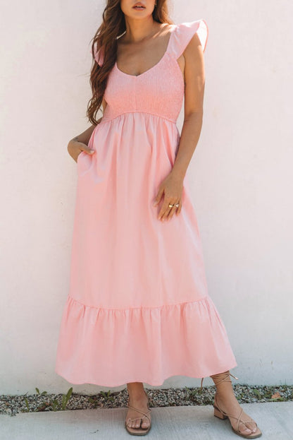 Pink V Neck Flutter Sleeve Smocked Bodice Maxi Dress - Love Salve 