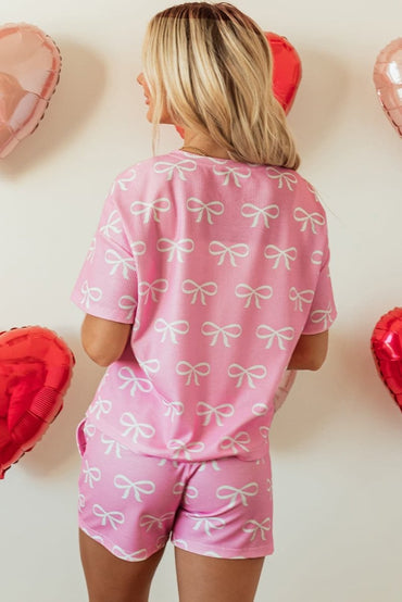 Pink Waffle Knit Bowknot Printed V Neck T Shirt and Shorts Set - Love Salve