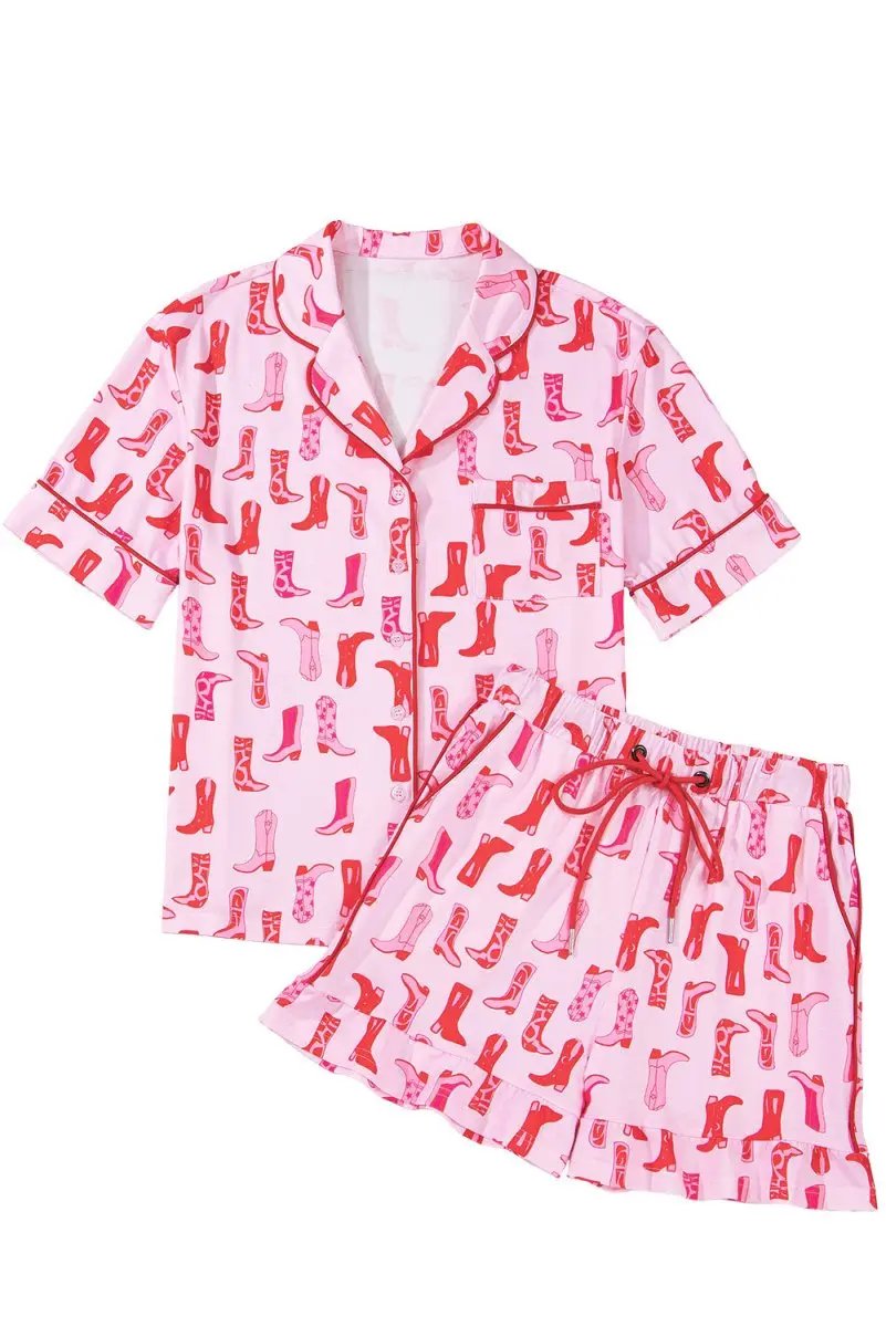 Pink Western Cowgirl Boots Printed Shirt Ruffled Shorts Set - Love Salve 