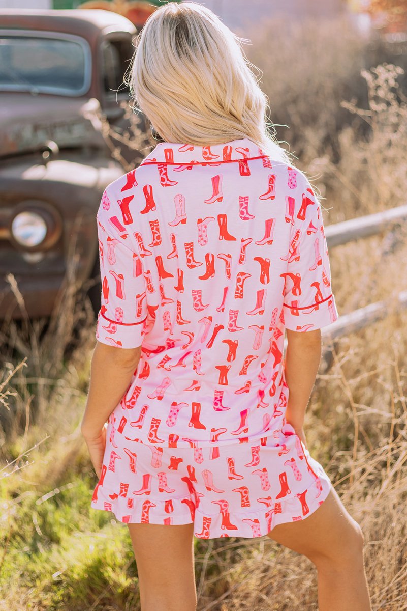Pink Western Cowgirl Boots Printed Shirt Ruffled Shorts Set - Love Salve