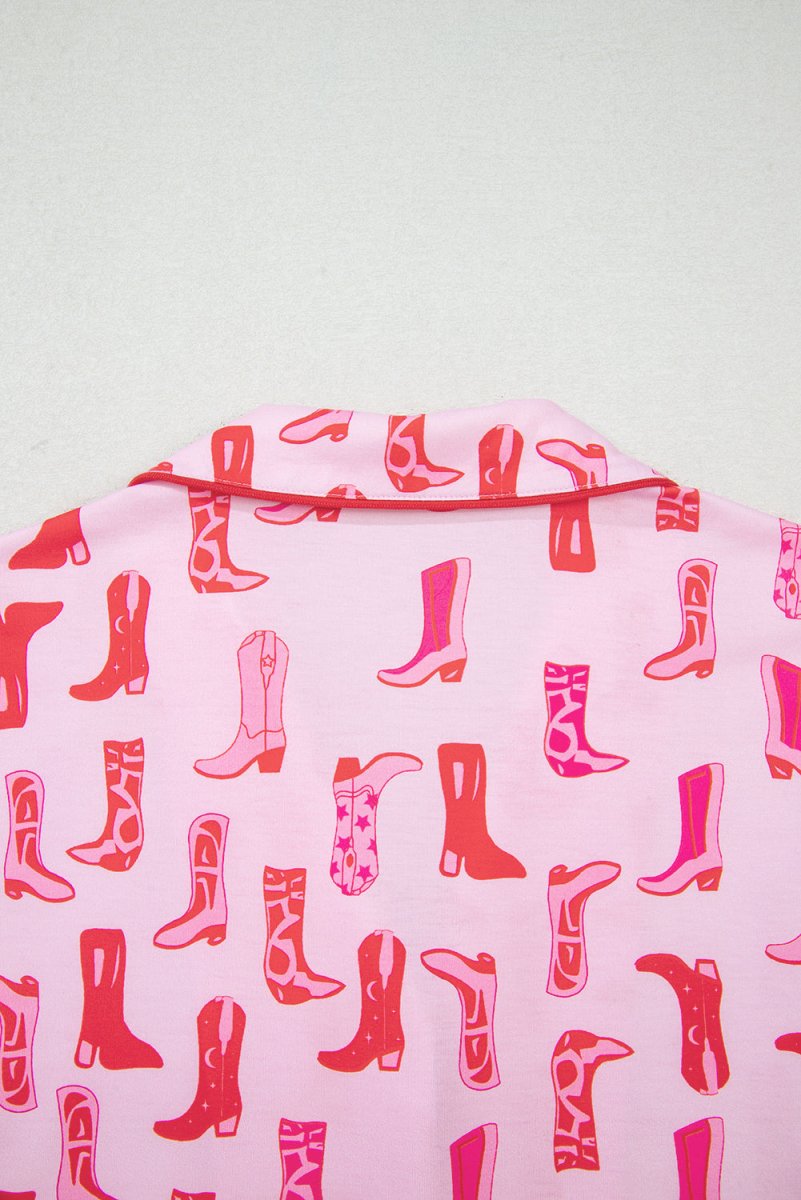 Pink Western Cowgirl Boots Printed Shirt Ruffled Shorts Set - Love Salve