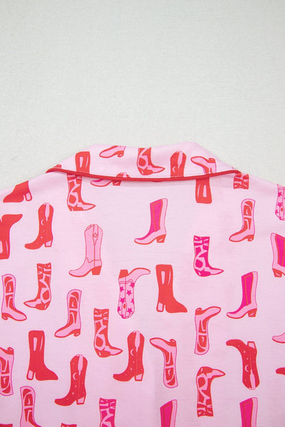 Pink Western Cowgirl Boots Printed Shirt Ruffled Shorts Set - Love Salve
