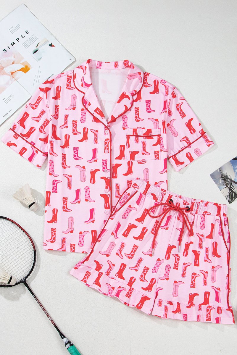 Pink Western Cowgirl Boots Printed Shirt Ruffled Shorts Set - Love Salve