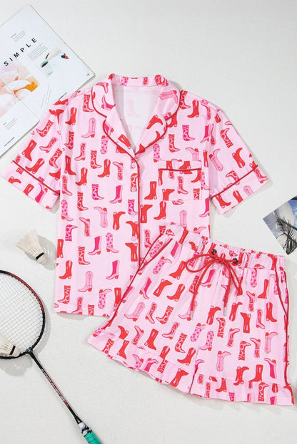 Pink Western Cowgirl Boots Printed Shirt Ruffled Shorts Set - Love Salve