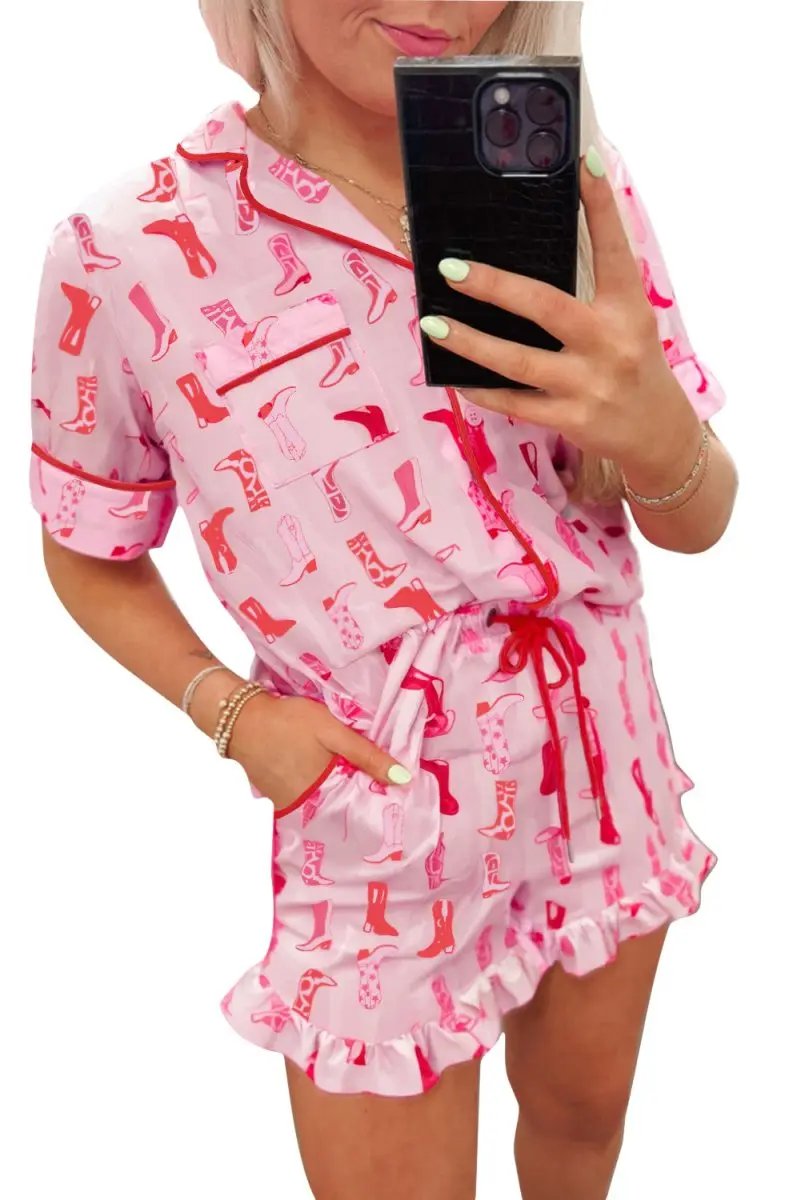 Pink Western Cowgirl Boots Printed Shirt Ruffled Shorts Set - Love Salve 