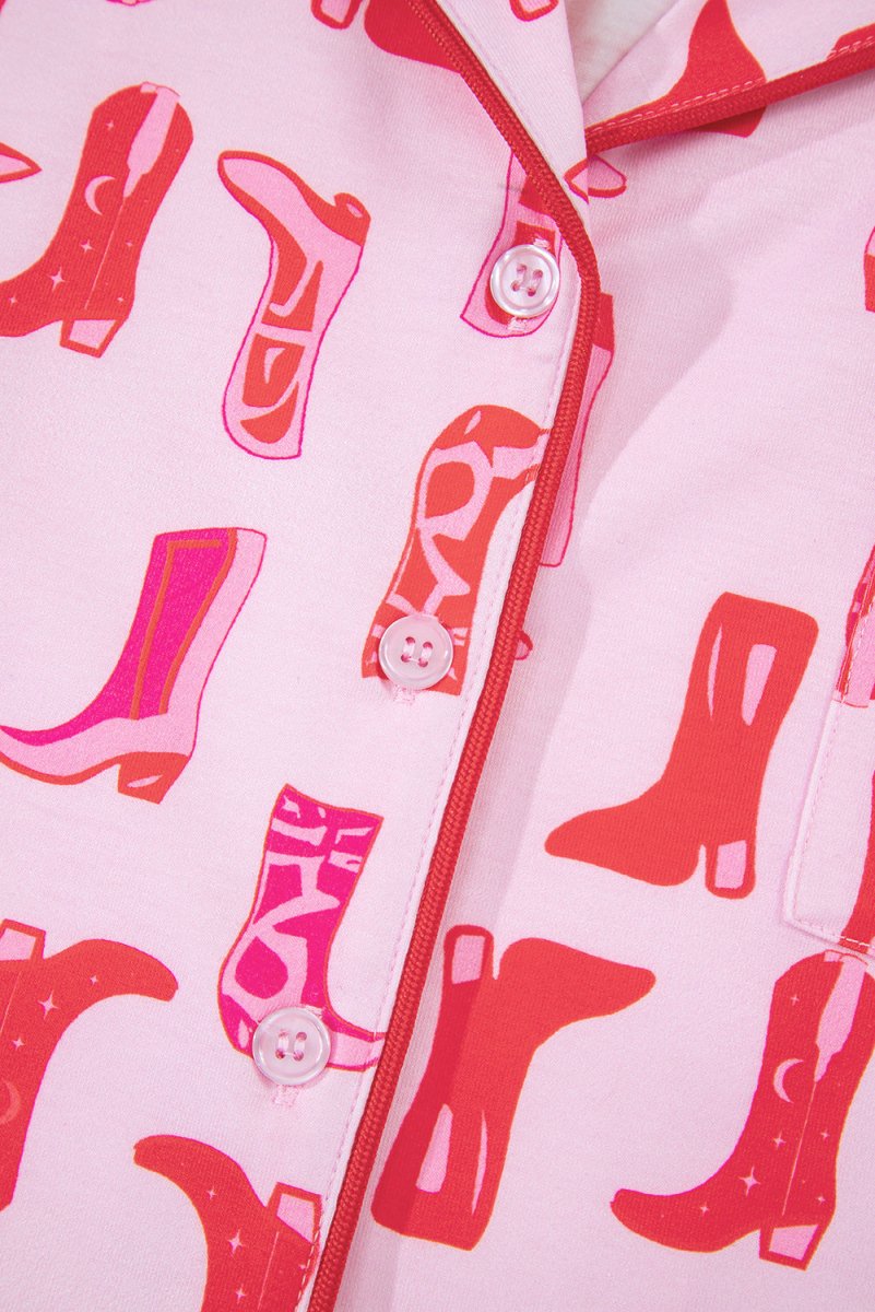 Pink Western Cowgirl Boots Printed Shirt Ruffled Shorts Set - Love Salve