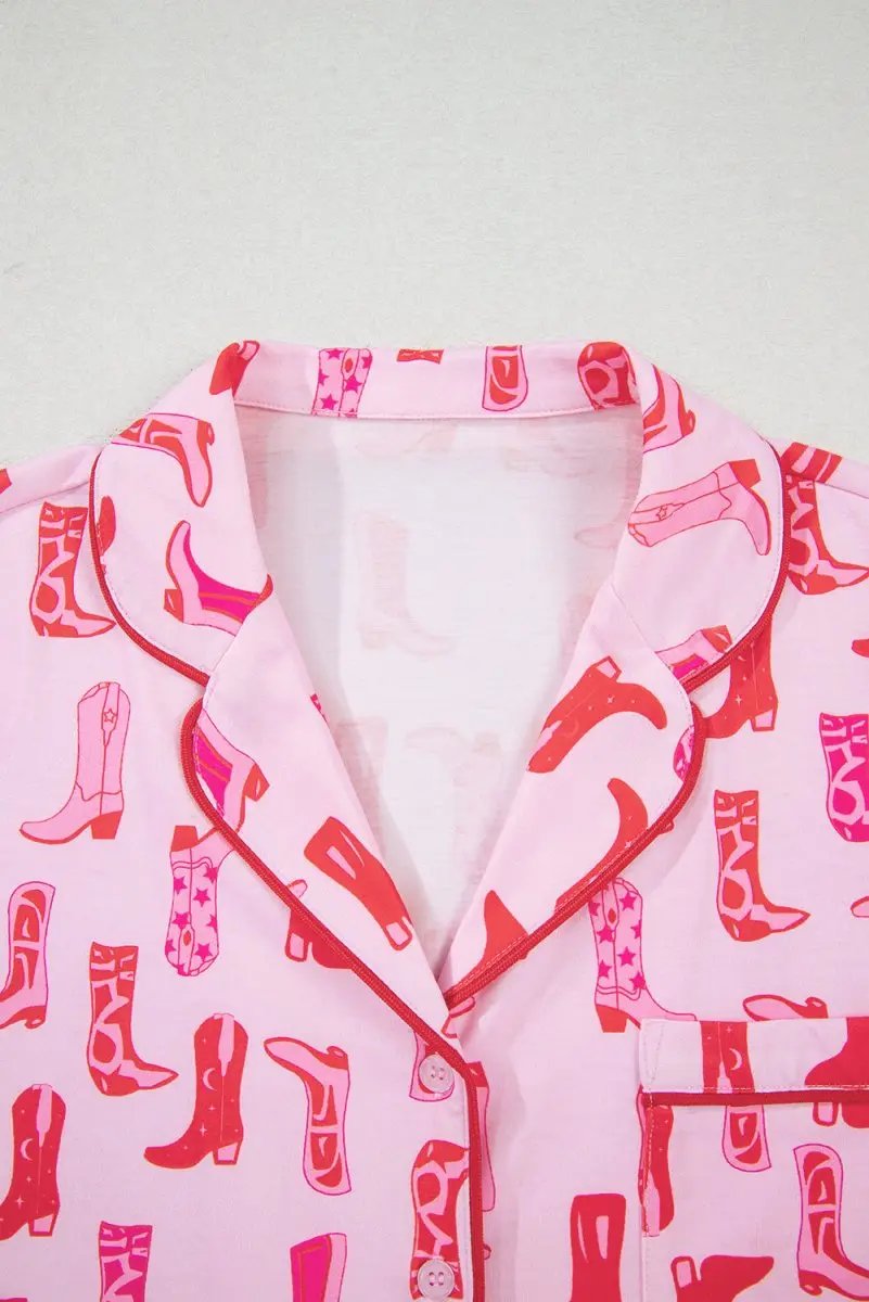 Pink Western Cowgirl Boots Printed Shirt Ruffled Shorts Set - Love Salve 