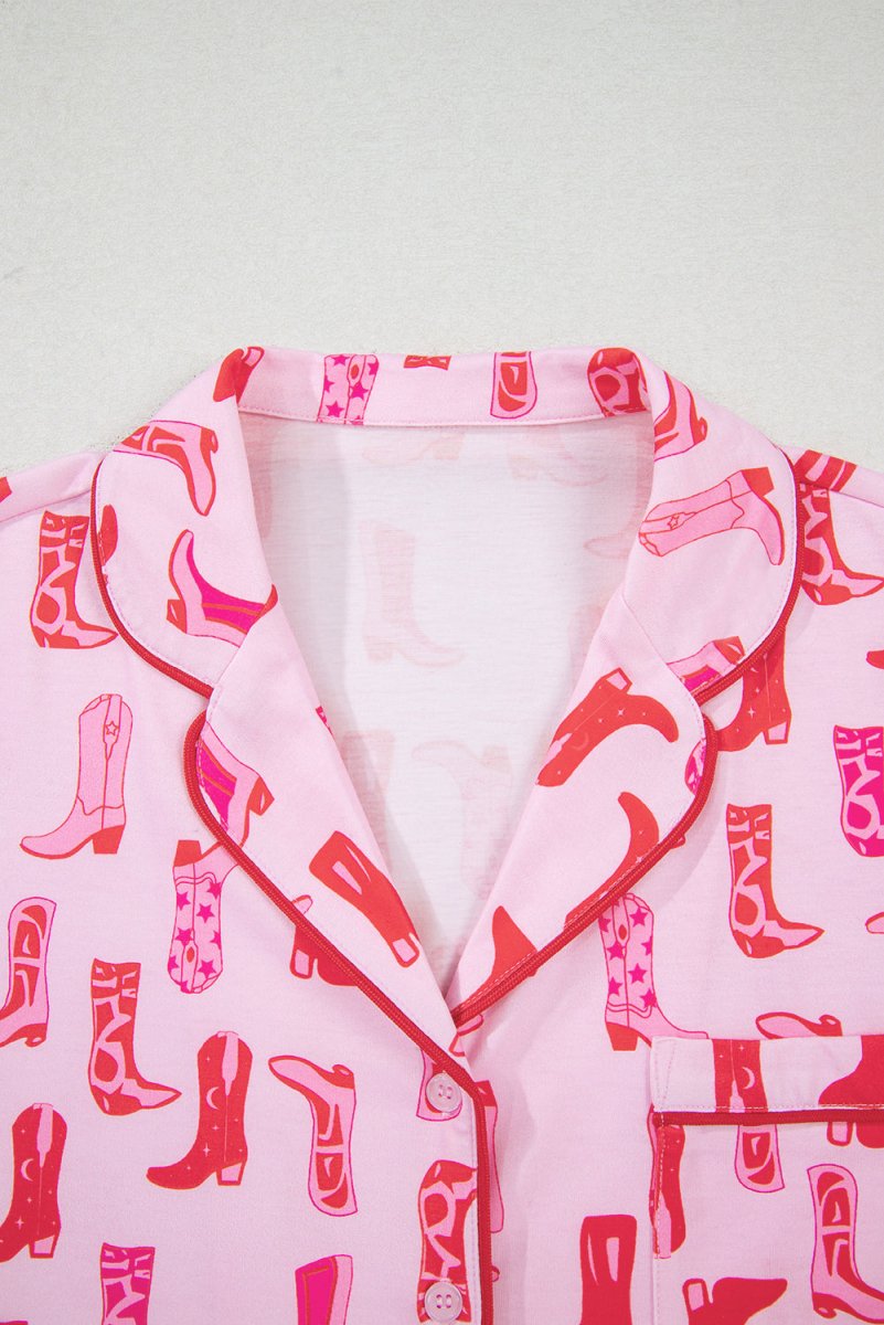 Pink Western Cowgirl Boots Printed Shirt Ruffled Shorts Set - Love Salve