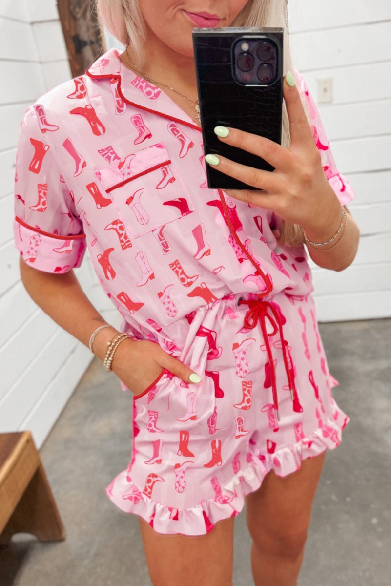 Pink Western Cowgirl Boots Printed Shirt Ruffled Shorts Set - Love Salve