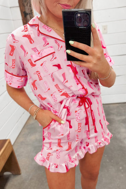 Pink Western Cowgirl Boots Printed Shirt Ruffled Shorts Set - Love Salve