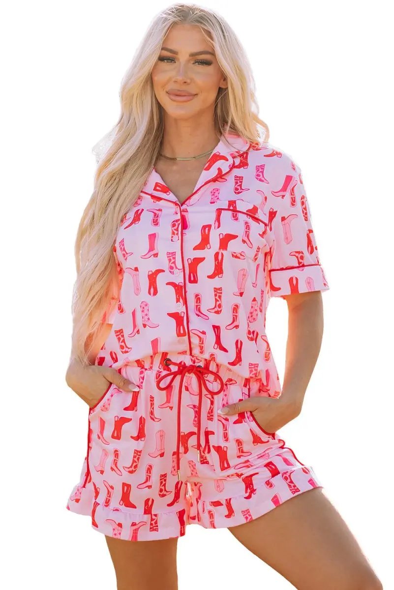 Pink Western Cowgirl Boots Printed Shirt Ruffled Shorts Set - Love Salve 