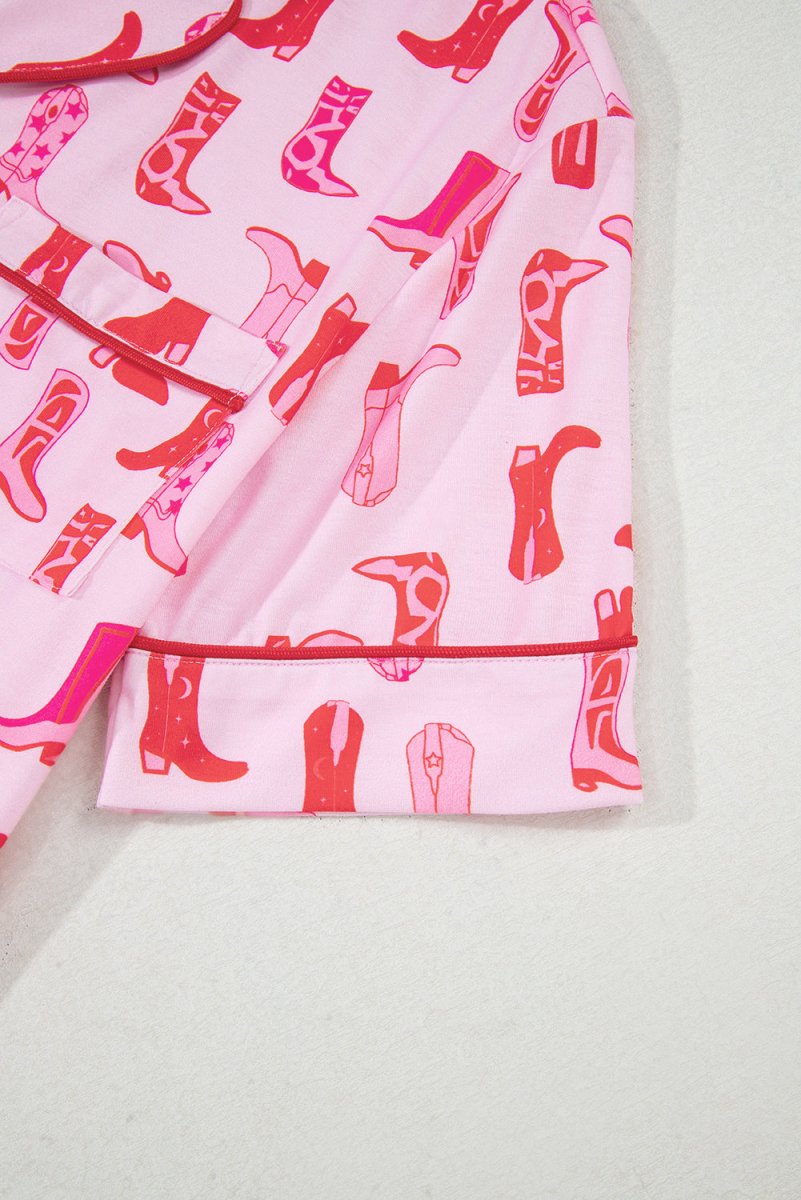 Pink Western Cowgirl Boots Printed Shirt Ruffled Shorts Set - Love Salve