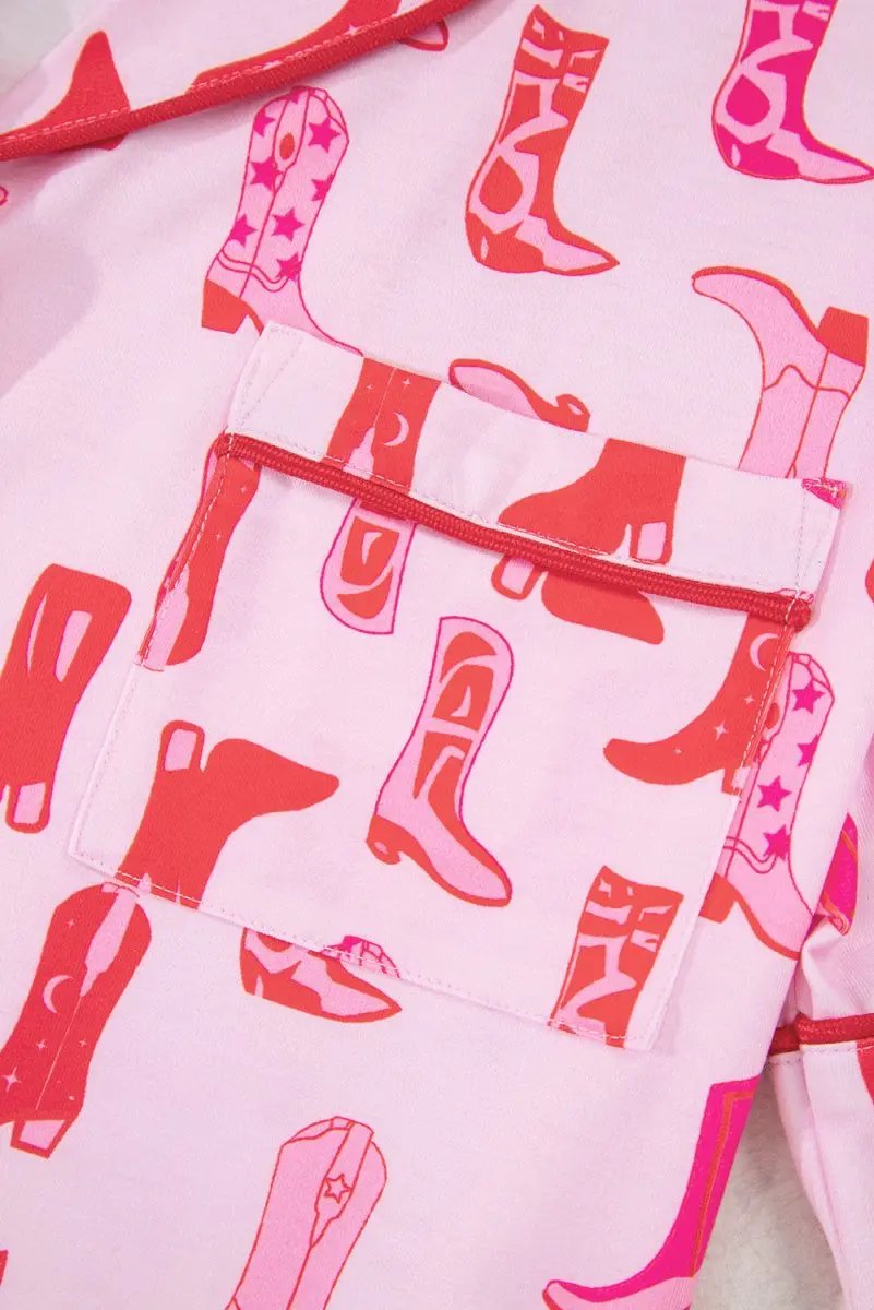 Pink Western Cowgirl Boots Printed Shirt Ruffled Shorts Set - Love Salve 