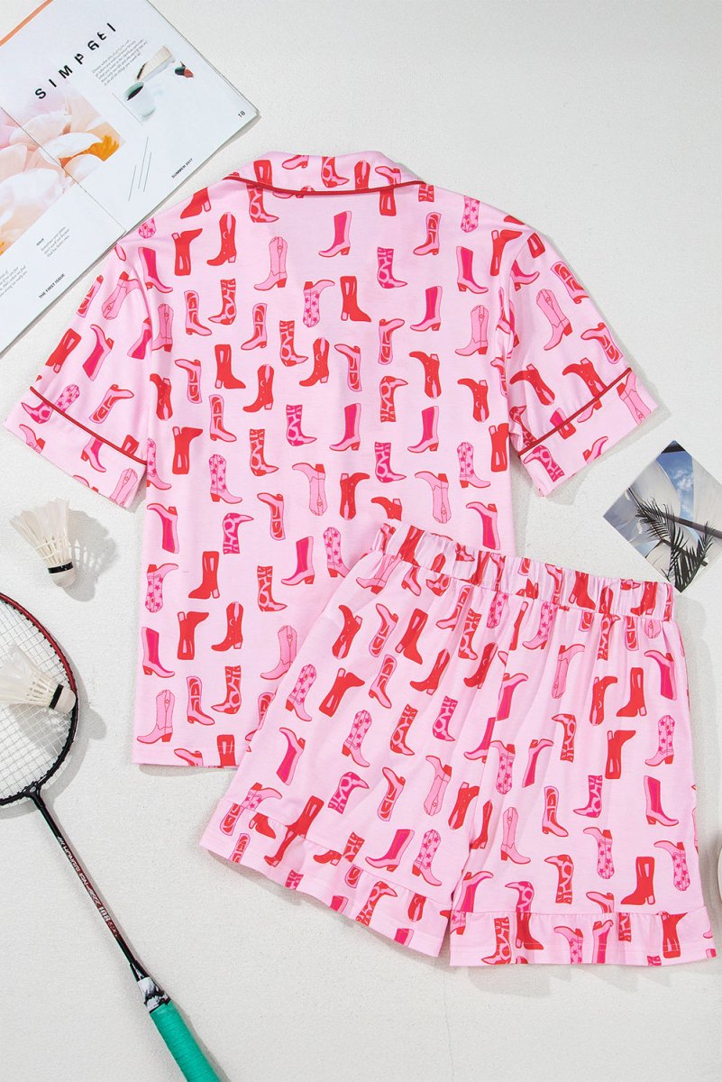 Pink Western Cowgirl Boots Printed Shirt Ruffled Shorts Set - Love Salve