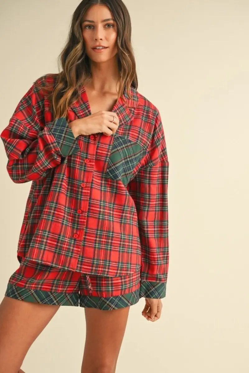Plaid Charm Long Sleeve Top and Shorts Co-ord Set - Love Salve 