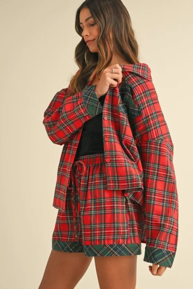 Plaid Charm Long Sleeve Top and Shorts Co-ord Set - Love Salve 