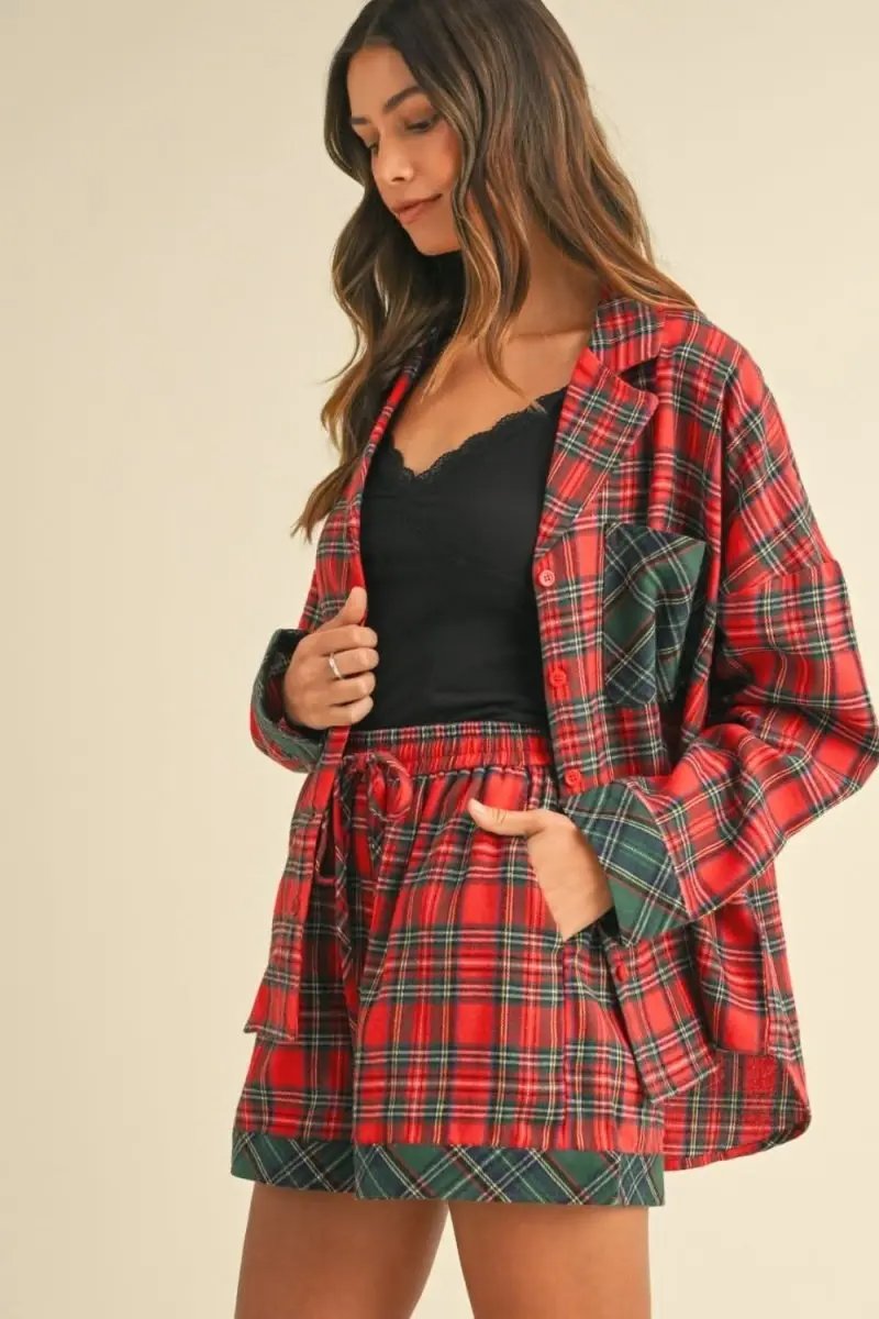 Plaid Charm Long Sleeve Top and Shorts Co-ord Set - Love Salve 