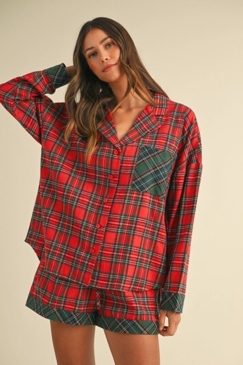 Plaid Charm Long Sleeve Top and Shorts Co-ord Set - Love Salve 