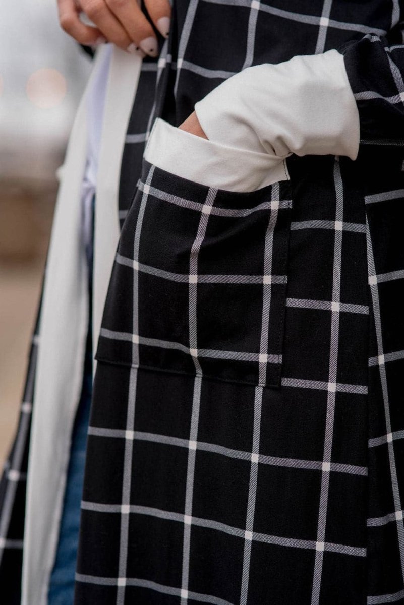 Plaid Colorblock Open Front Cardigan with Pockets in Black - Love Salve
