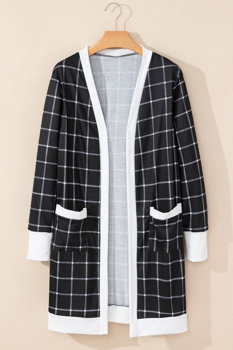 Plaid Colorblock Open Front Cardigan with Pockets in Black - Love Salve
