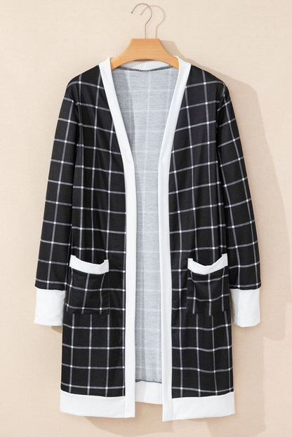 Plaid Colorblock Open Front Cardigan with Pockets in Black - Love Salve
