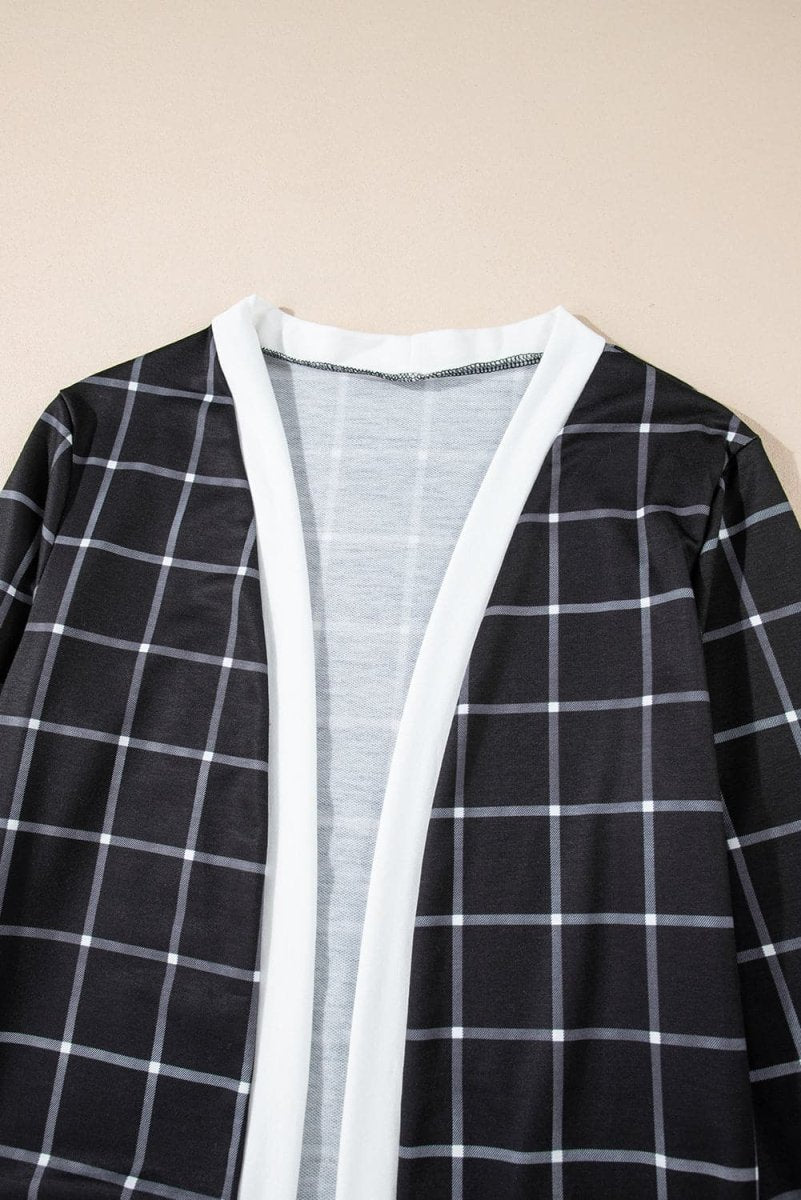 Plaid Colorblock Open Front Cardigan with Pockets in Black - Love Salve