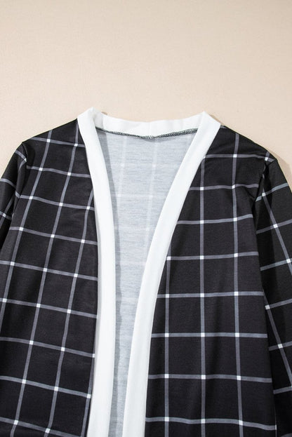 Plaid Colorblock Open Front Cardigan with Pockets in Black - Love Salve