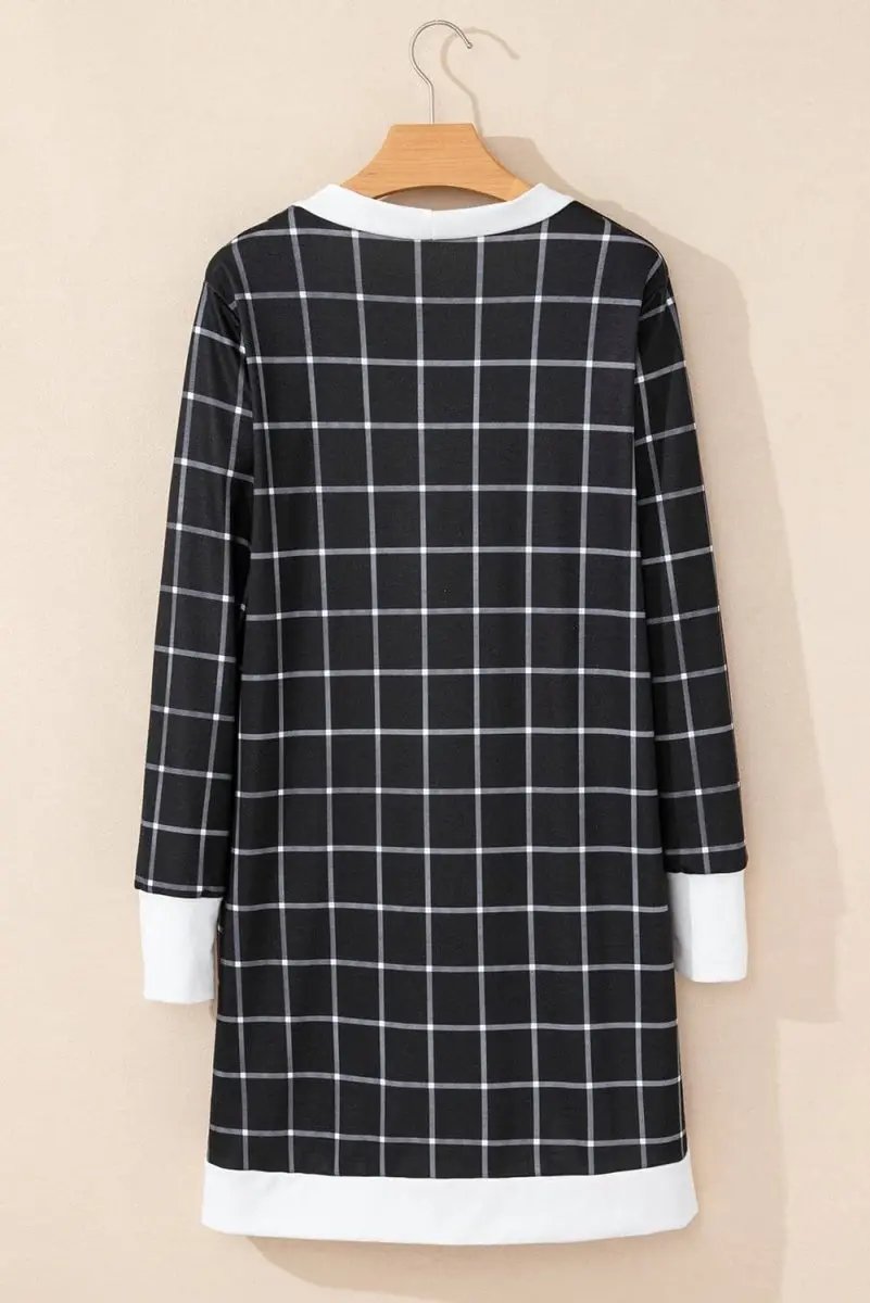 Plaid Colorblock Open Front Cardigan with Pockets in Black - Love Salve 