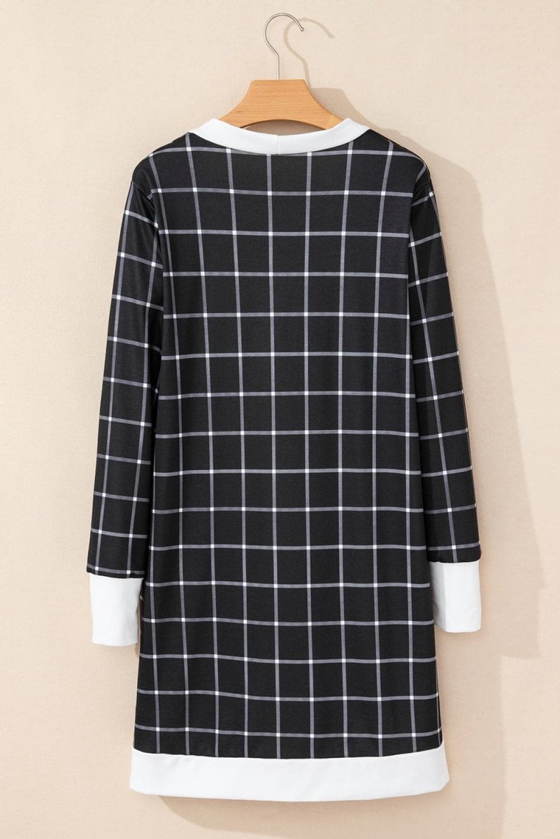 Plaid Colorblock Open Front Cardigan with Pockets in Black - Love Salve