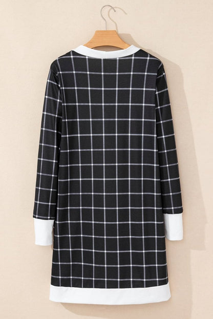 Plaid Colorblock Open Front Cardigan with Pockets in Black - Love Salve
