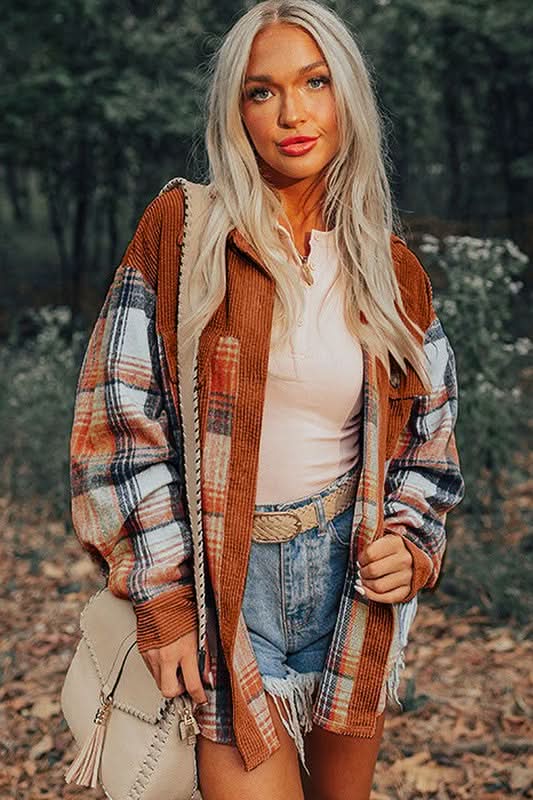 Plaid Corduroy Patchwork Chest Pocket Shacket - Love Salve