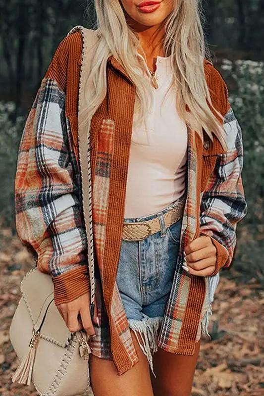 Plaid Corduroy Patchwork Chest Pocket Shacket - Love Salve 