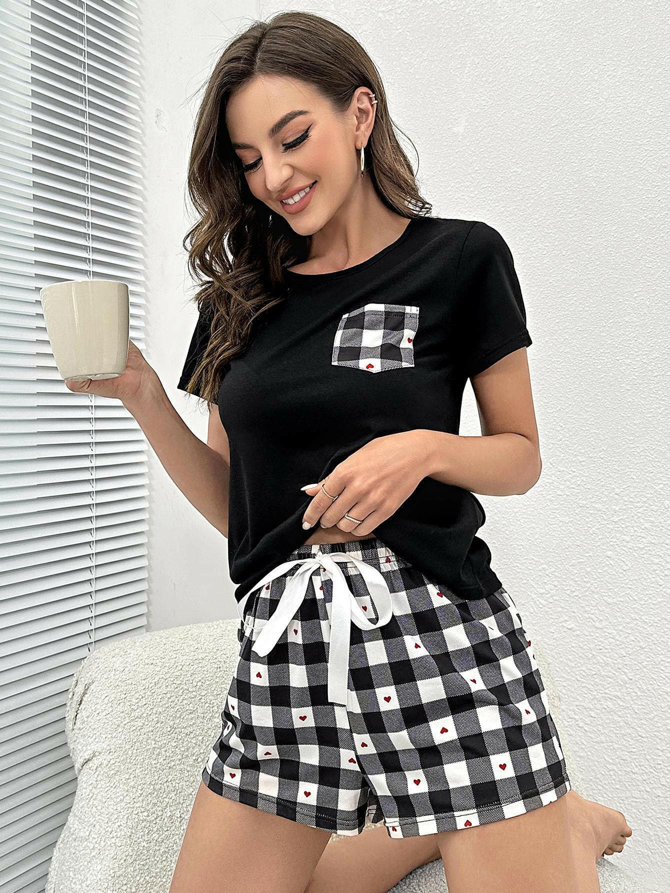 Plaid Heart Top and Shorts Lounge Set - Love Salve