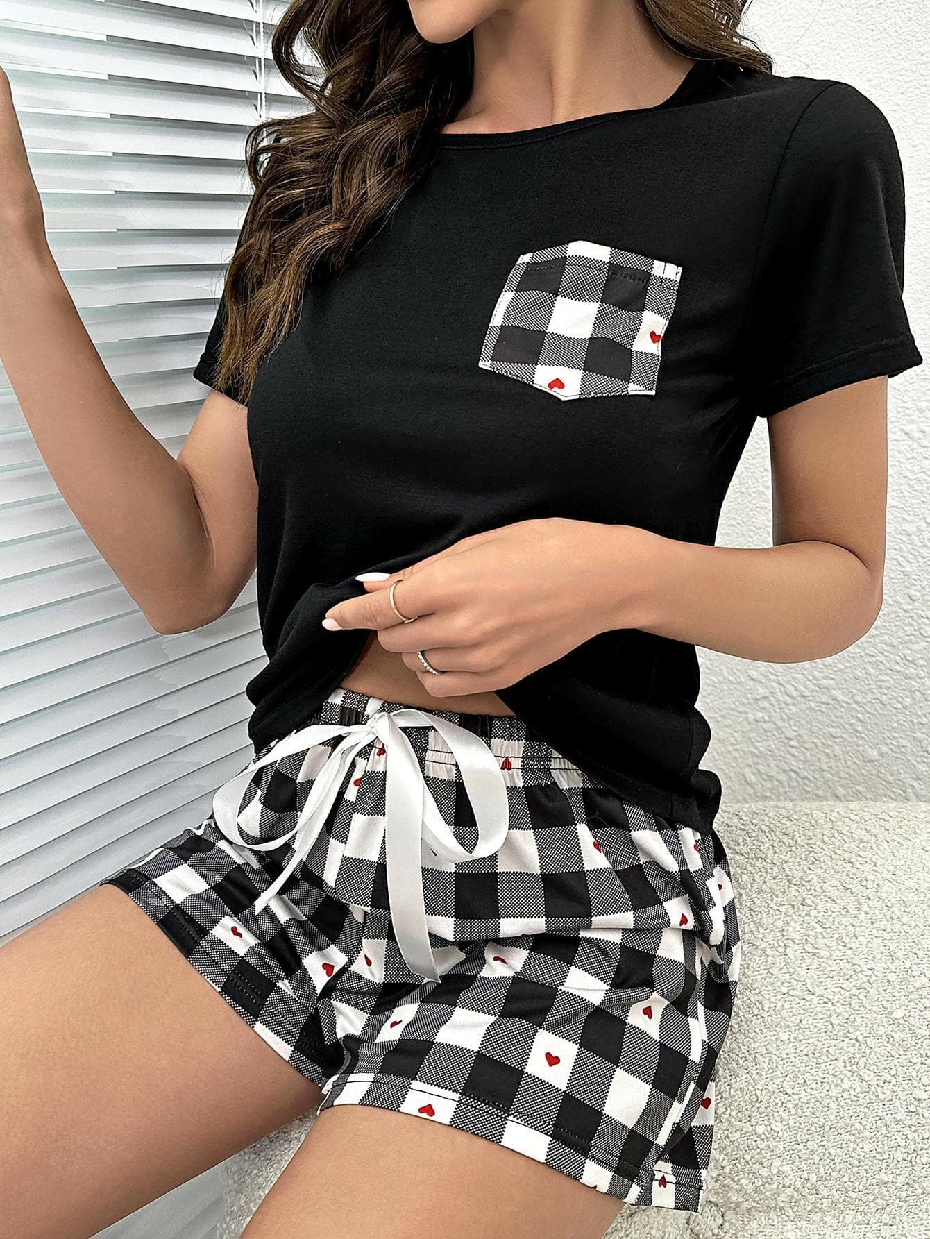 Plaid Heart Top and Shorts Lounge Set - Love Salve