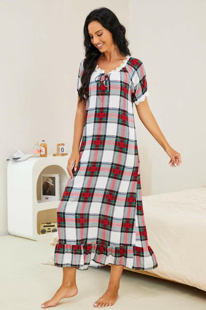 Ruffled Plaid Lace NightgownUpgrade Your Sleepwear with our Ruffled Plaid Lace Nightgown!
 
 
Pattern Type: Plaid
 
Style: Girl next door
 
Features: Delicate lace details, charming tie accent
Love Salve Ruffled Plaid Lace Nightgownswimwear