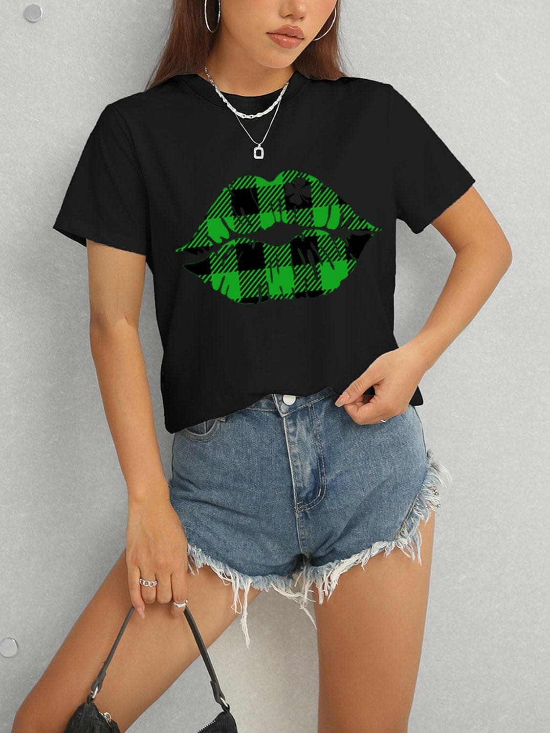 Plaid Lip Graphic Round Neck T-Shirt - Love Salve