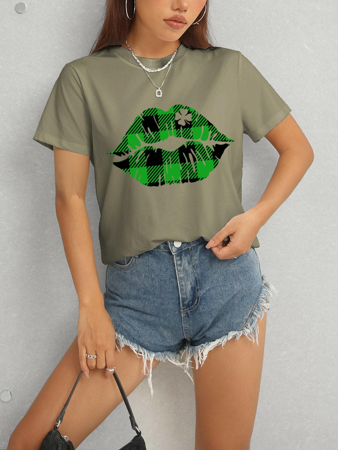 Plaid Lip Graphic Round Neck T-Shirt - Love Salve