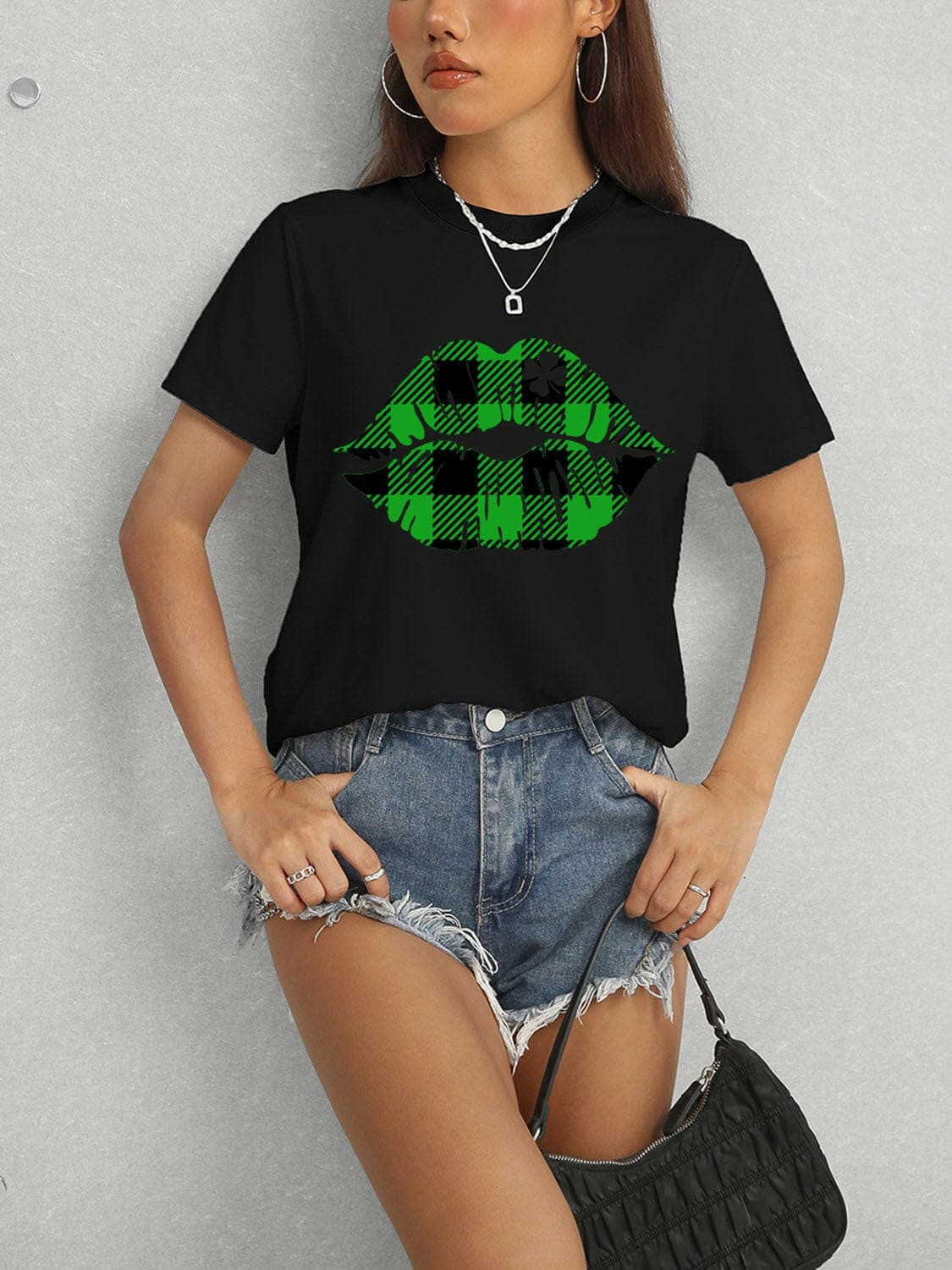 Plaid Lip Graphic Round Neck T-Shirt - Love Salve