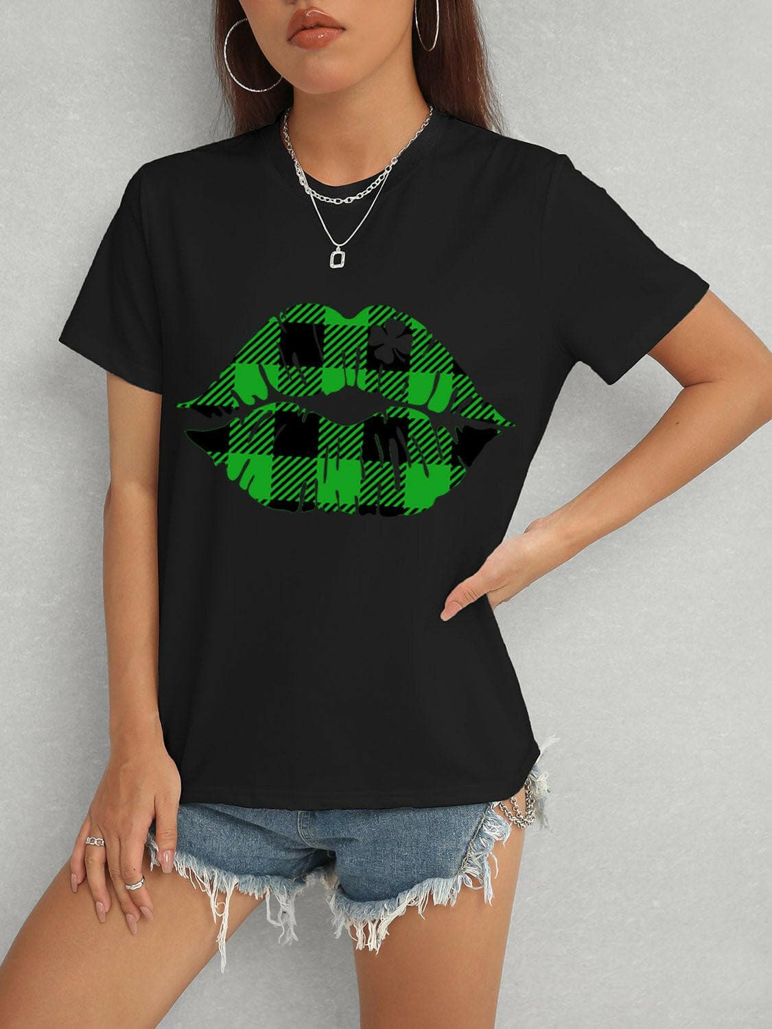 Plaid Lip Graphic Round Neck T-Shirt - Love Salve