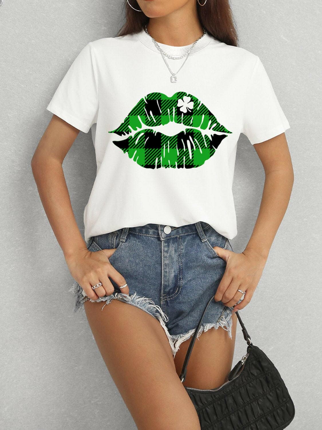 Plaid Lip Graphic Round Neck T-Shirt - Love Salve