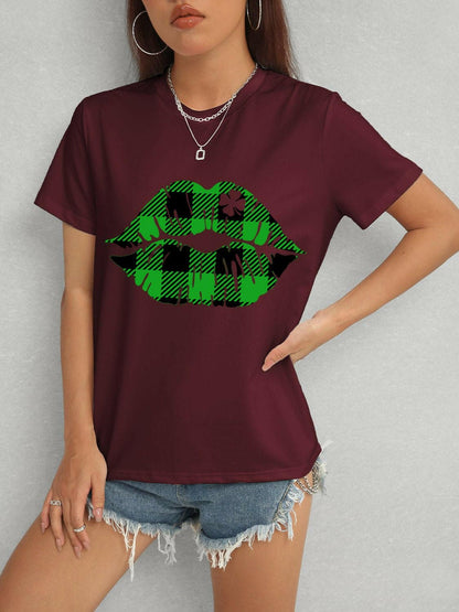 Plaid Lip Graphic Round Neck T-Shirt - Love Salve