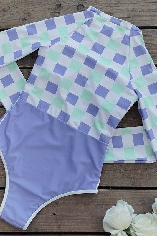 Plaid Printed Long Sleeve Swimsuit UPF50 RashGuard for Sun Protection - Love Salve 