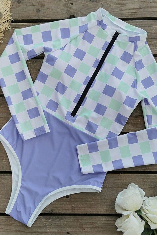 Plaid Printed Long Sleeve Swimsuit UPF50 RashGuard for Sun Protection - Love Salve 