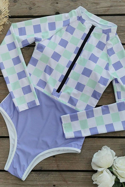 Plaid Printed Long Sleeve Swimsuit UPF50 RashGuard for Sun Protection - Love Salve 