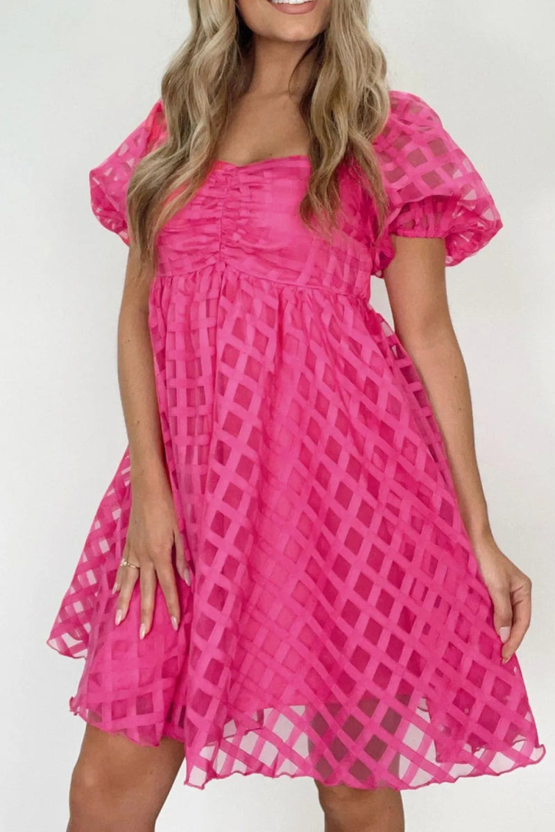 Plaid Puff Sleeve Babydoll Dress for Effortless Style - Love Salve 