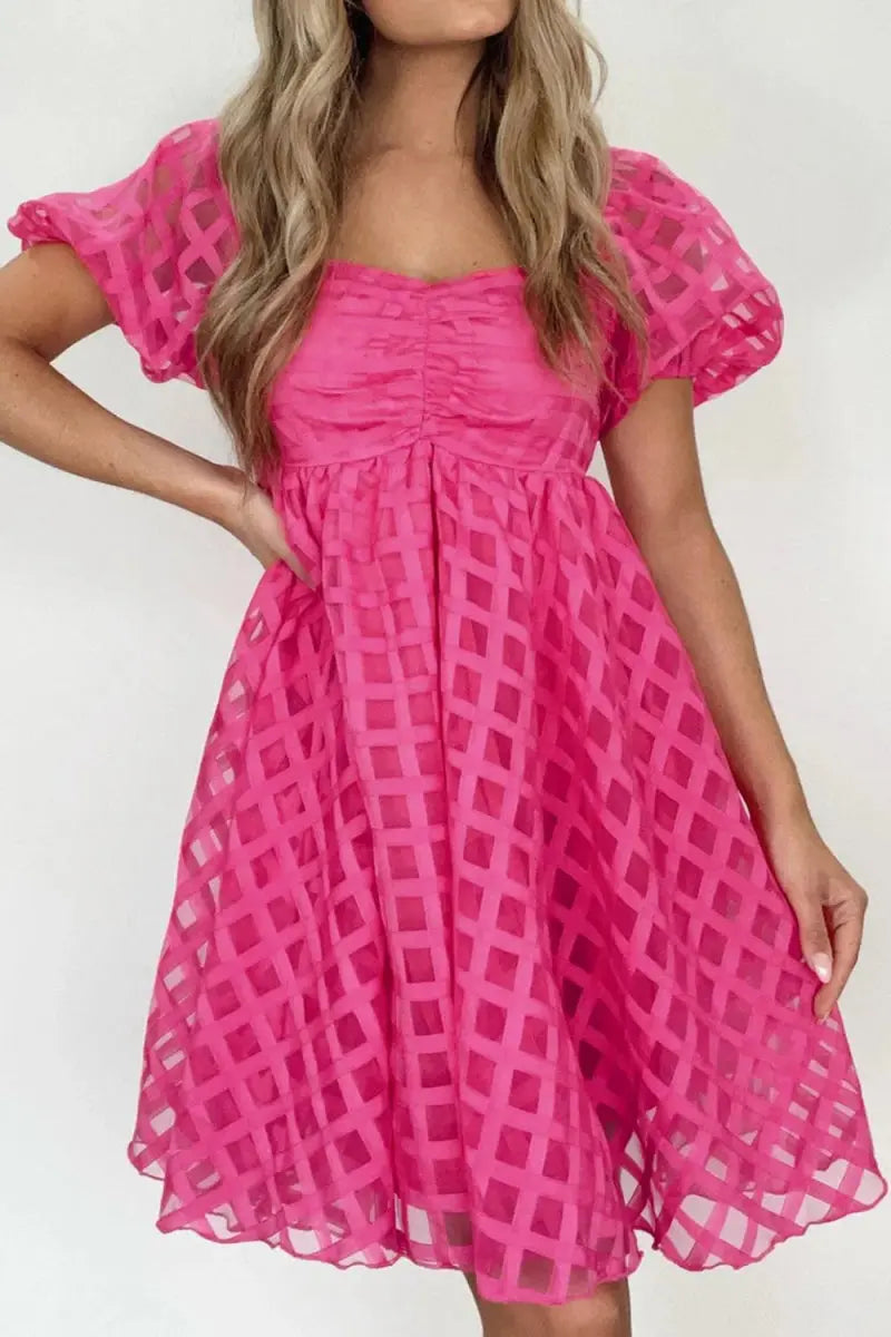 Plaid Puff Sleeve Babydoll Dress for Effortless Style - Love Salve 