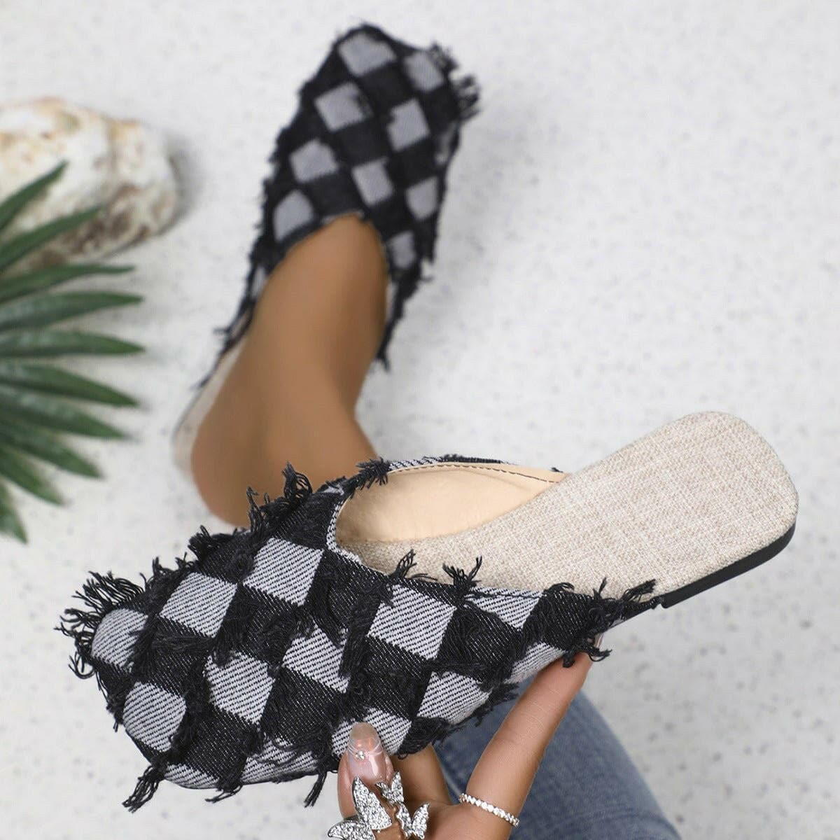 Plaid Square Toe Flat Slippers - Love Salve