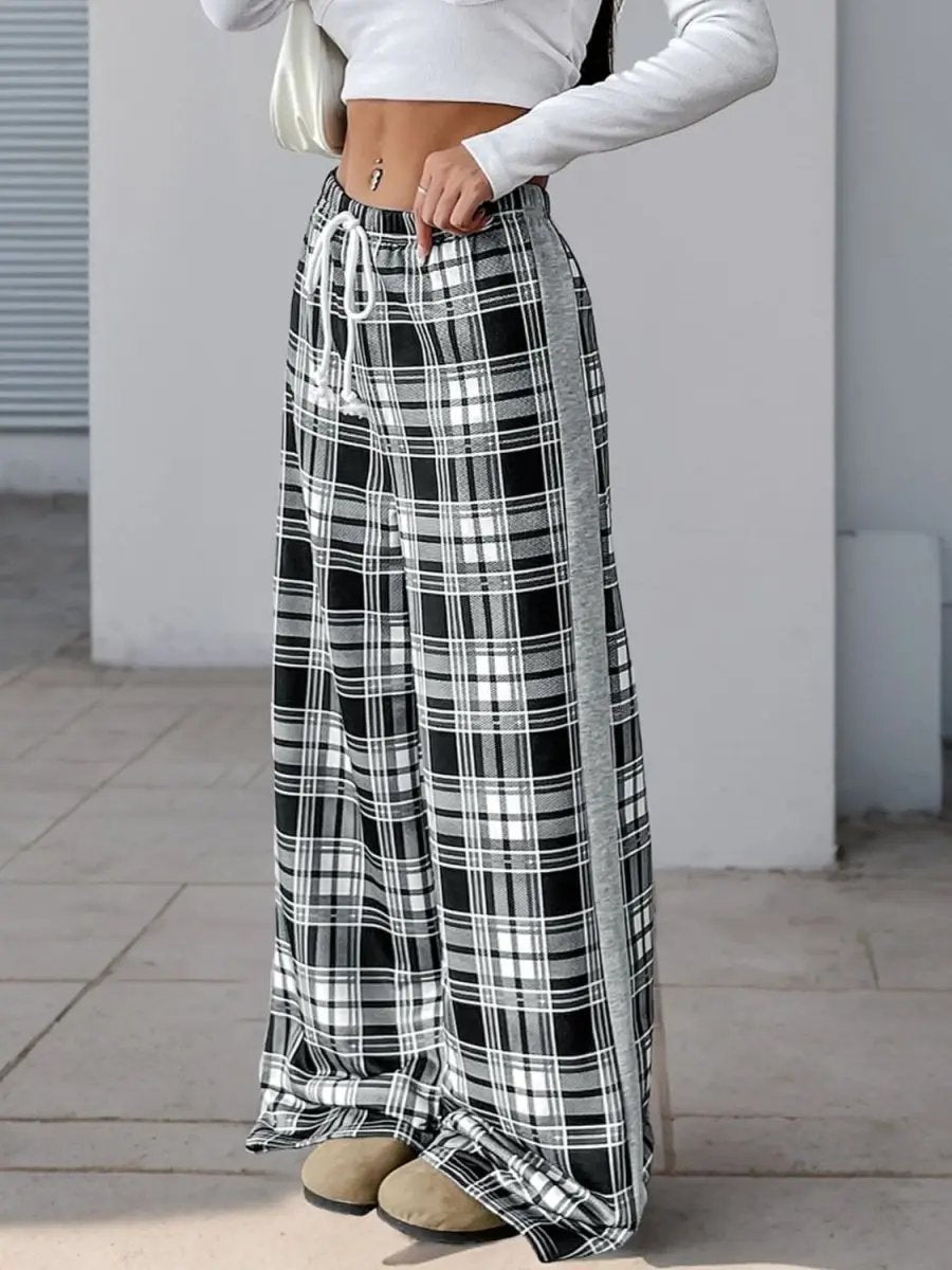Plaid Wide Leg Drawstring Trousers by Perfee - Love Salve 