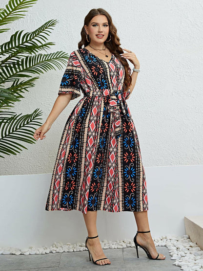 Plus Size Bohemian V-Neck Tie Belt Midi Dress - Love Salve