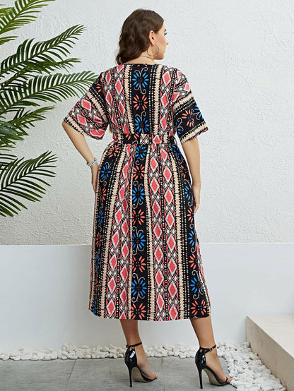 Plus Size Bohemian V-Neck Tie Belt Midi Dress - Love Salve